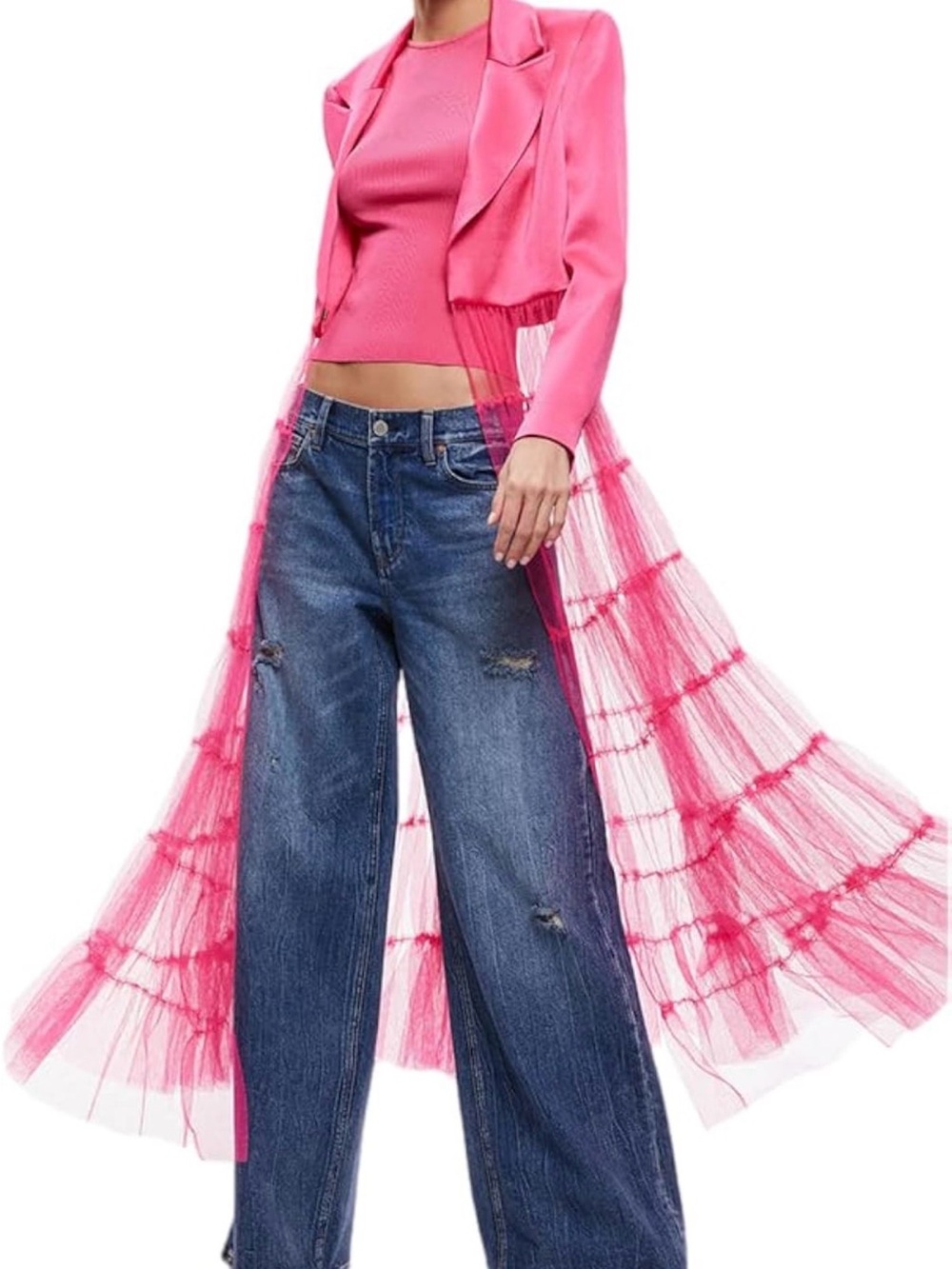Hot Pink Long Sheer Tulle Blazer Jacket - Picture 2 of 9